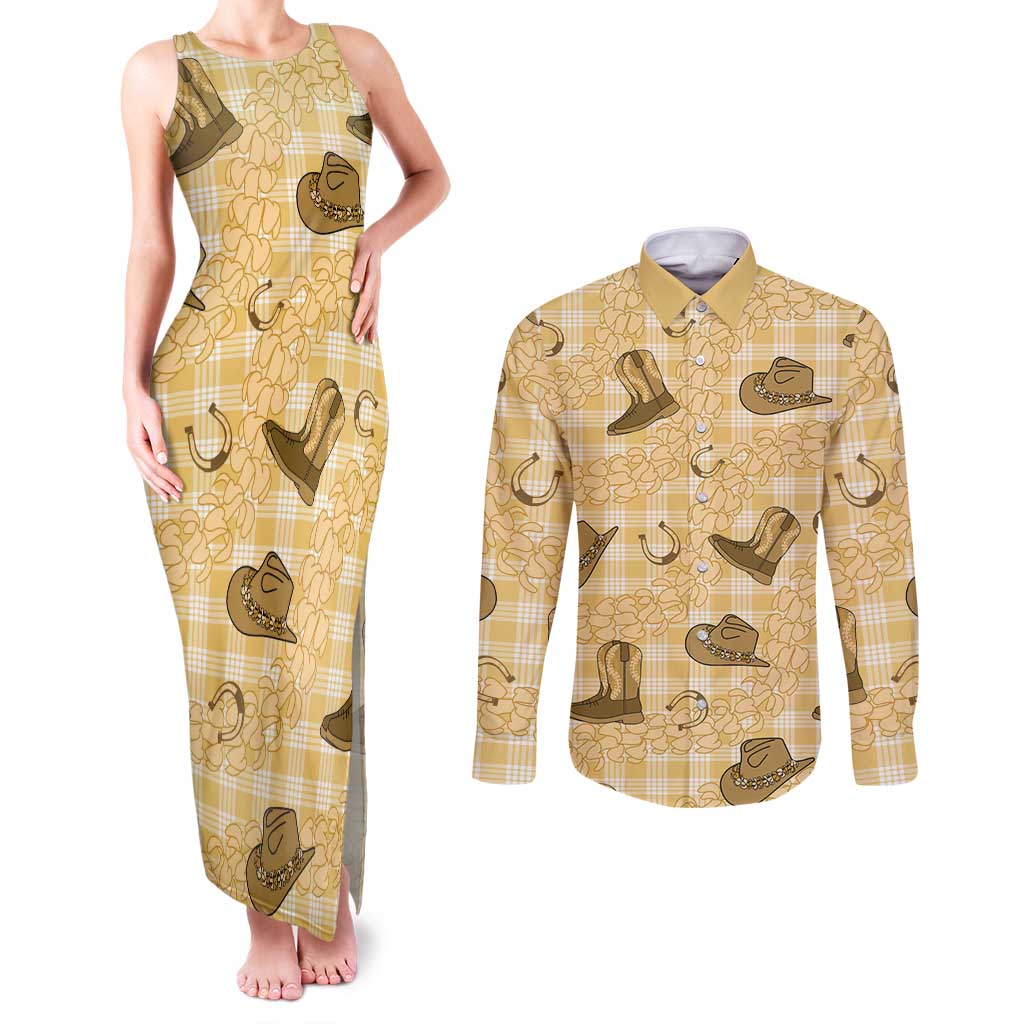 Yellow Palaka Hawaii Cowboy Couples Matching Tank Maxi Dress and Long Sleeve Button Shirt Puakenikeni Lei Paniolo Papale Seamless Vibes - Polynesian Pride