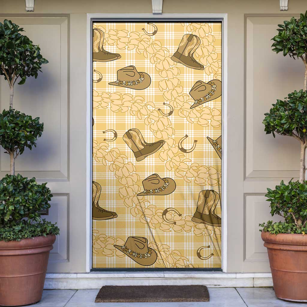 Yellow Palaka Hawaii Cowboy Door Cover Puakenikeni Lei Paniolo Papale Seamless Vibes - Polynesian Pride