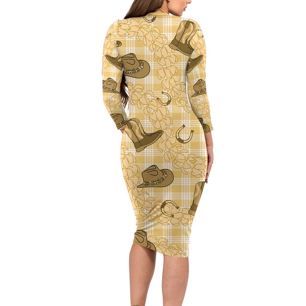 Yellow Palaka Hawaii Cowboy Family Matching Long Sleeve Bodycon Dress and Hawaiian Shirt Puakenikeni Lei Paniolo Papale Seamless Vibes LT14 - Polynesian Pride