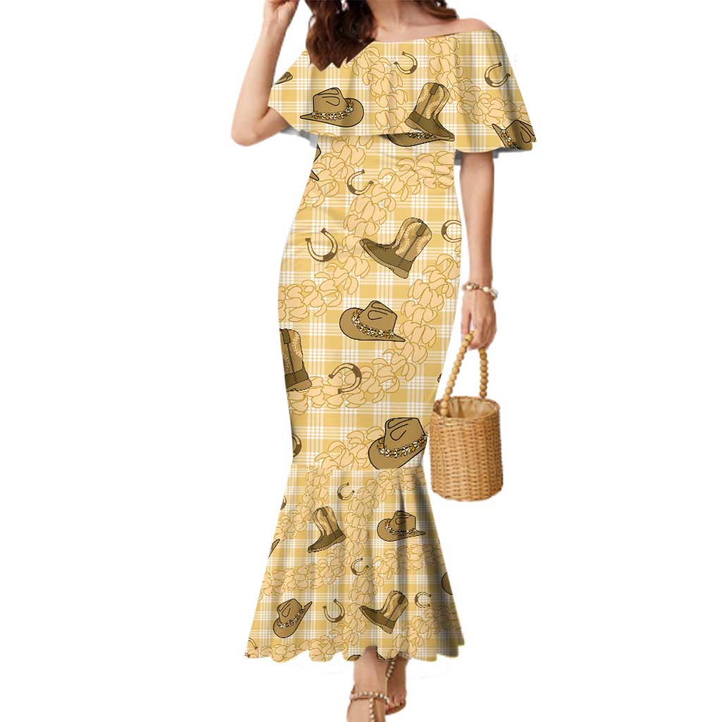 Yellow Palaka Hawaii Cowboy Family Matching Mermaid Dress and Hawaiian Shirt Puakenikeni Lei Paniolo Papale Seamless Vibes LT14 Mom's Dress Yellow - Polynesian Pride