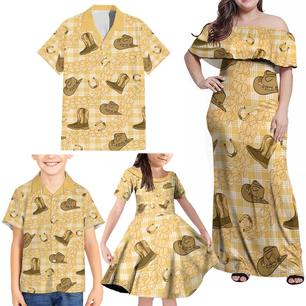 Yellow Palaka Hawaii Cowboy Family Matching Off Shoulder Maxi Dress and Hawaiian Shirt Puakenikeni Lei Paniolo Papale Seamless Vibes LT14 - Polynesian Pride