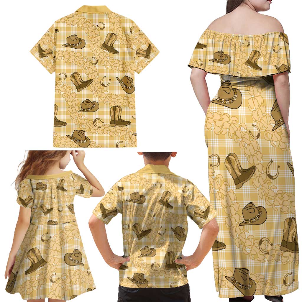 Yellow Palaka Hawaii Cowboy Family Matching Off Shoulder Maxi Dress and Hawaiian Shirt Puakenikeni Lei Paniolo Papale Seamless Vibes LT14 - Polynesian Pride