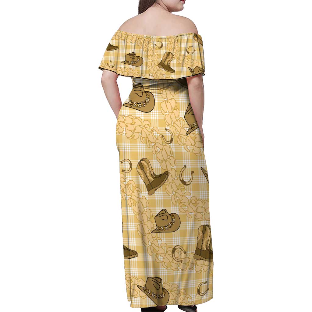 Yellow Palaka Hawaii Cowboy Family Matching Off Shoulder Maxi Dress and Hawaiian Shirt Puakenikeni Lei Paniolo Papale Seamless Vibes LT14 - Polynesian Pride