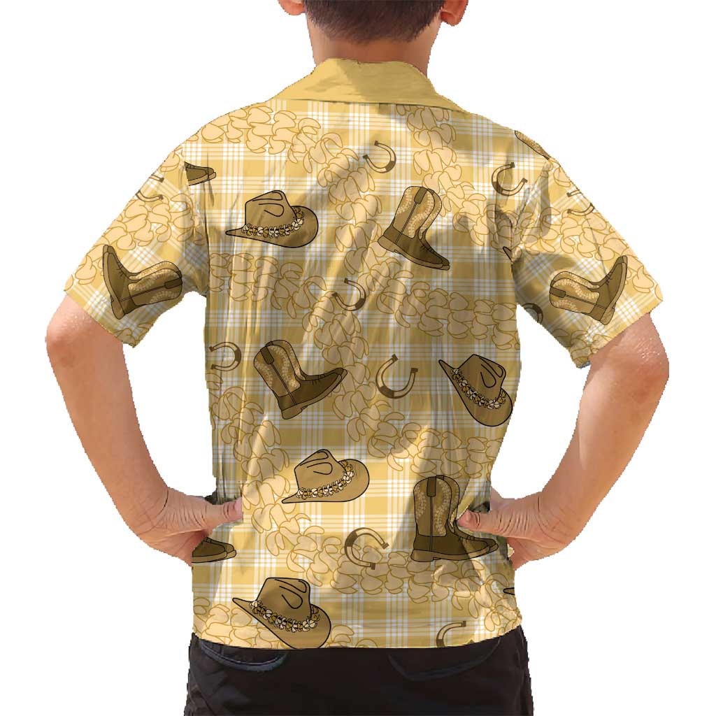 Yellow Palaka Hawaii Cowboy Family Matching Off Shoulder Short Dress and Hawaiian Shirt Puakenikeni Lei Paniolo Papale Seamless Vibes LT14 - Polynesian Pride