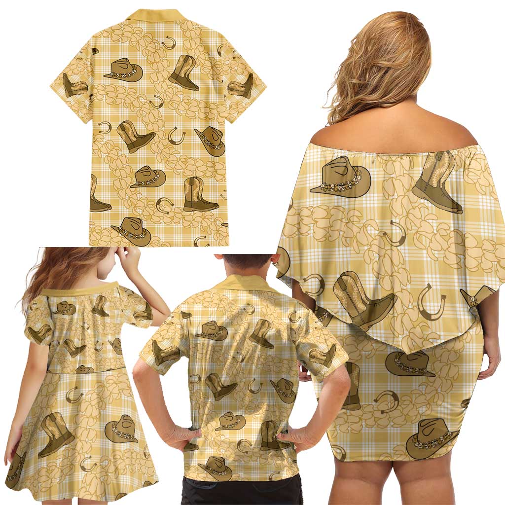 Yellow Palaka Hawaii Cowboy Family Matching Off Shoulder Short Dress and Hawaiian Shirt Puakenikeni Lei Paniolo Papale Seamless Vibes LT14 - Polynesian Pride