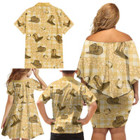 Yellow Palaka Hawaii Cowboy Family Matching Off Shoulder Short Dress and Hawaiian Shirt Puakenikeni Lei Paniolo Papale Seamless Vibes LT14 - Polynesian Pride