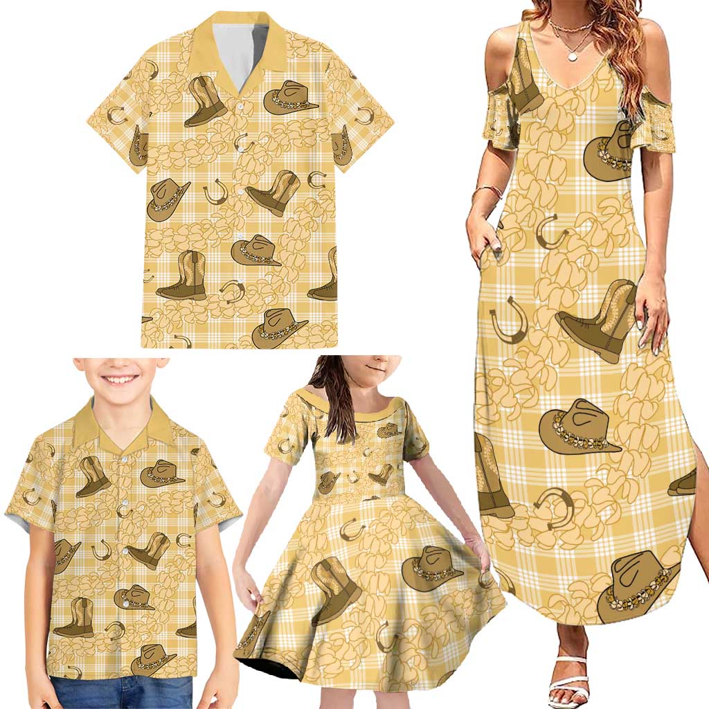 Yellow Palaka Hawaii Cowboy Family Matching Summer Maxi Dress and Hawaiian Shirt Puakenikeni Lei Paniolo Papale Seamless Vibes LT14 - Polynesian Pride