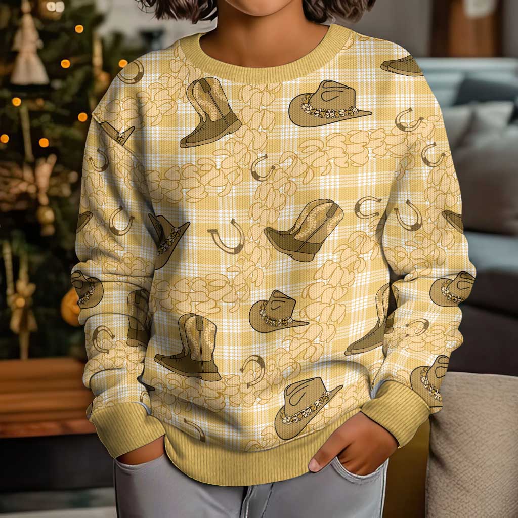 Yellow Palaka Hawaii Cowboy Kid Ugly Christmas Sweater Puakenikeni Lei Paniolo Papale Seamless Vibes LT14 - Polynesian Pride