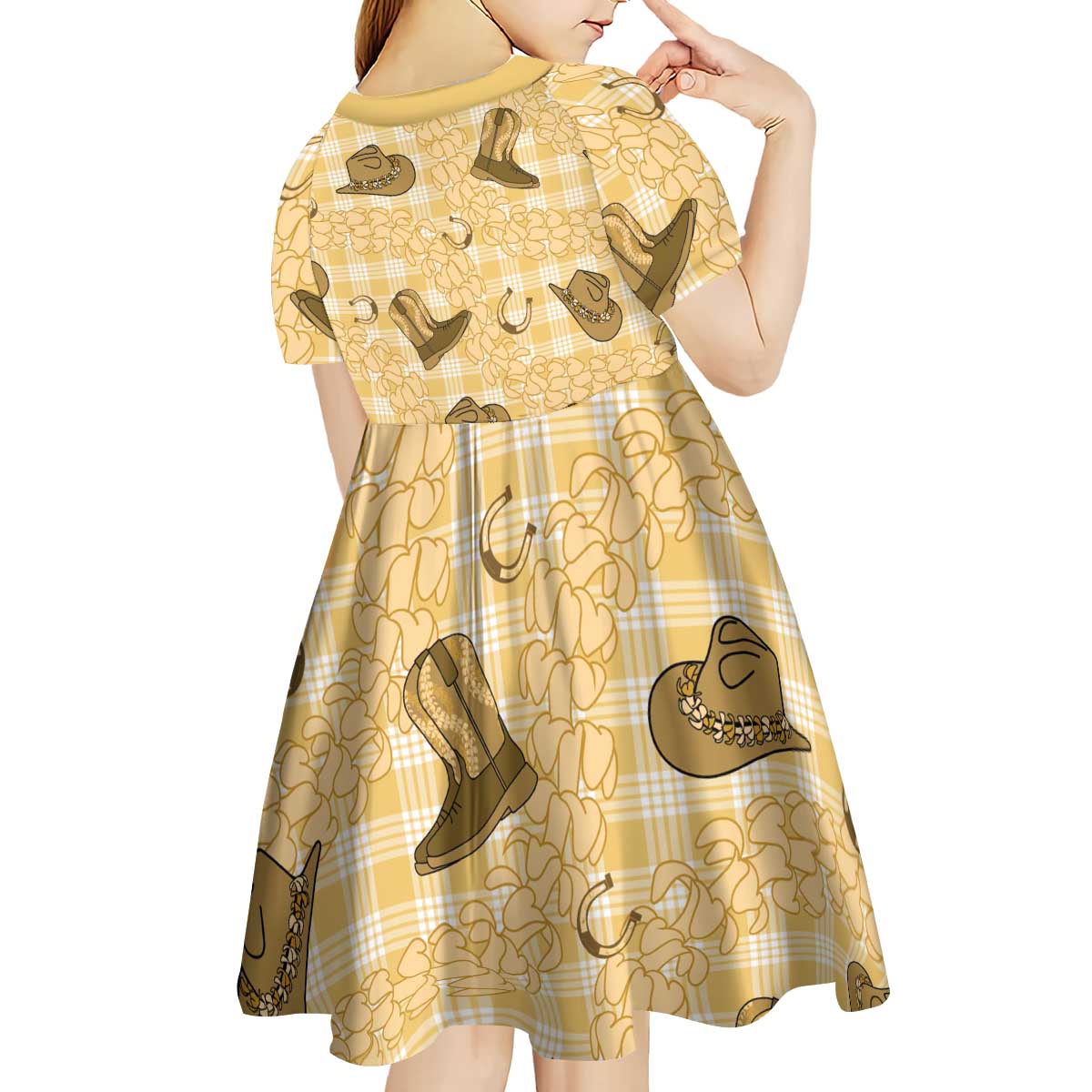 Yellow Palaka Hawaii Cowboy Kid Short Sleeve Dress Puakenikeni Lei Paniolo Papale Seamless Vibes LT14 - Polynesian Pride