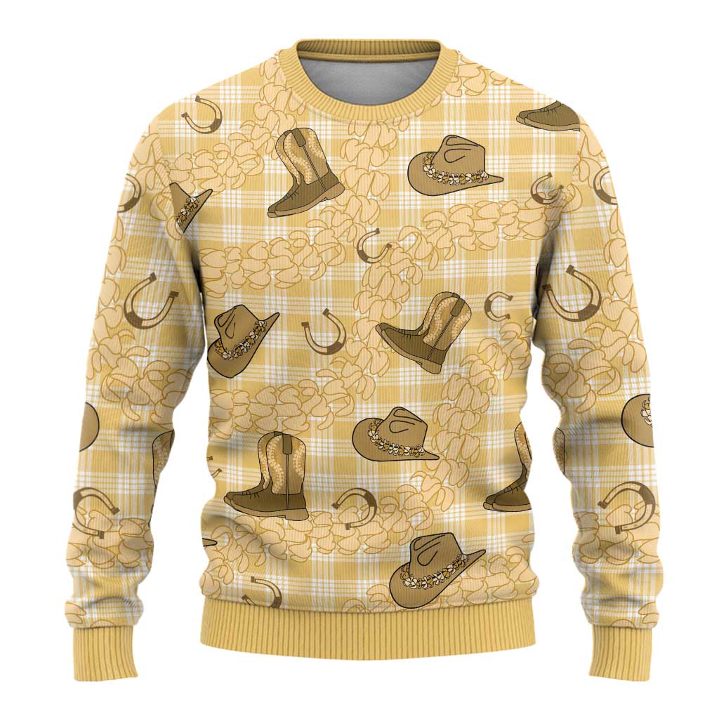 Yellow Palaka Hawaii Cowboy Ugly Christmas Sweater Puakenikeni Lei Paniolo Papale Seamless Vibes - Polynesian Pride