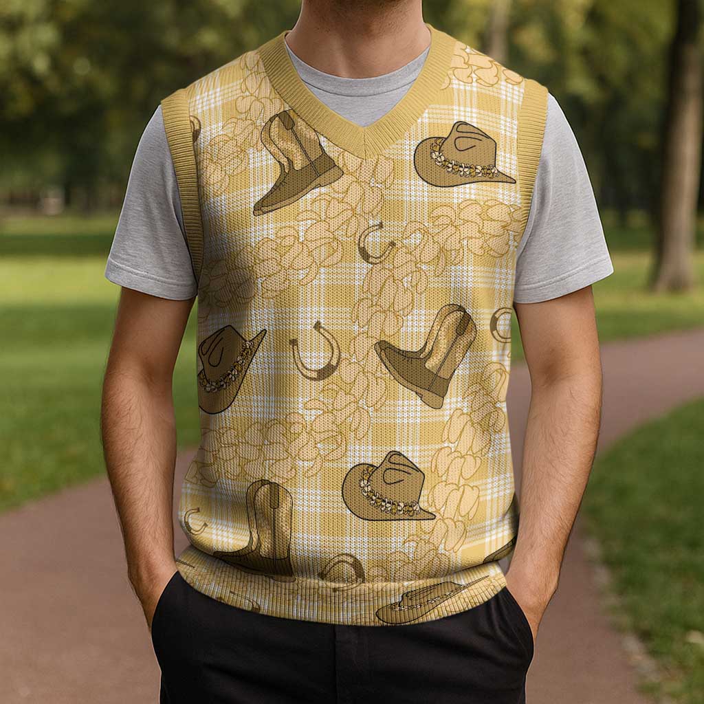 Yellow Palaka Hawaii Cowboy Christmas Knitted V-Neck Vest Puakenikeni Lei Paniolo Papale Seamless Vibes LT14 - Polynesian Pride