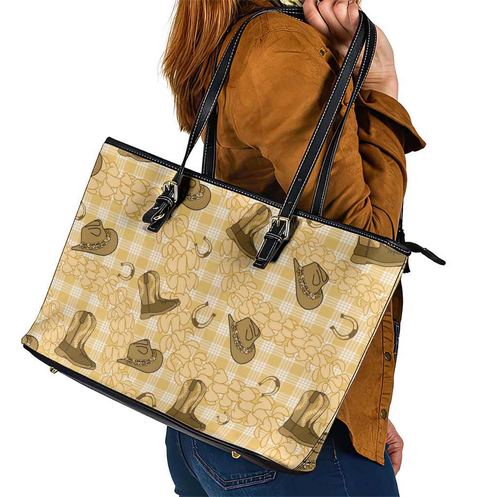 Yellow Palaka Hawaii Cowboy Leather Tote Bag Puakenikeni Lei Paniolo Papale Seamless Vibes - Polynesian Pride