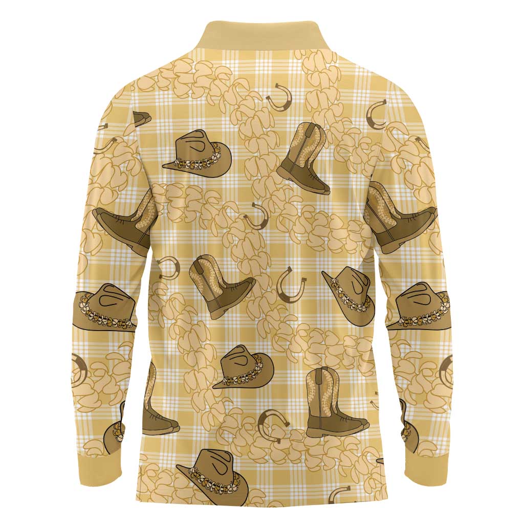 Yellow Palaka Hawaii Cowboy Long Sleeve Polo Shirt Puakenikeni Lei Paniolo Papale Seamless Vibes - Polynesian Pride