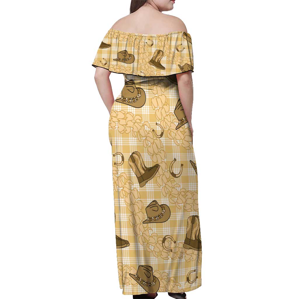 Yellow Palaka Hawaii Cowboy Off Shoulder Maxi Dress Puakenikeni Lei Paniolo Papale Seamless Vibes LT14 - Polynesian Pride