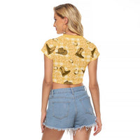 Yellow Palaka Hawaii Cowboy Raglan Cropped T Shirt Puakenikeni Lei Paniolo Papale Seamless Vibes LT14 - Polynesian Pride