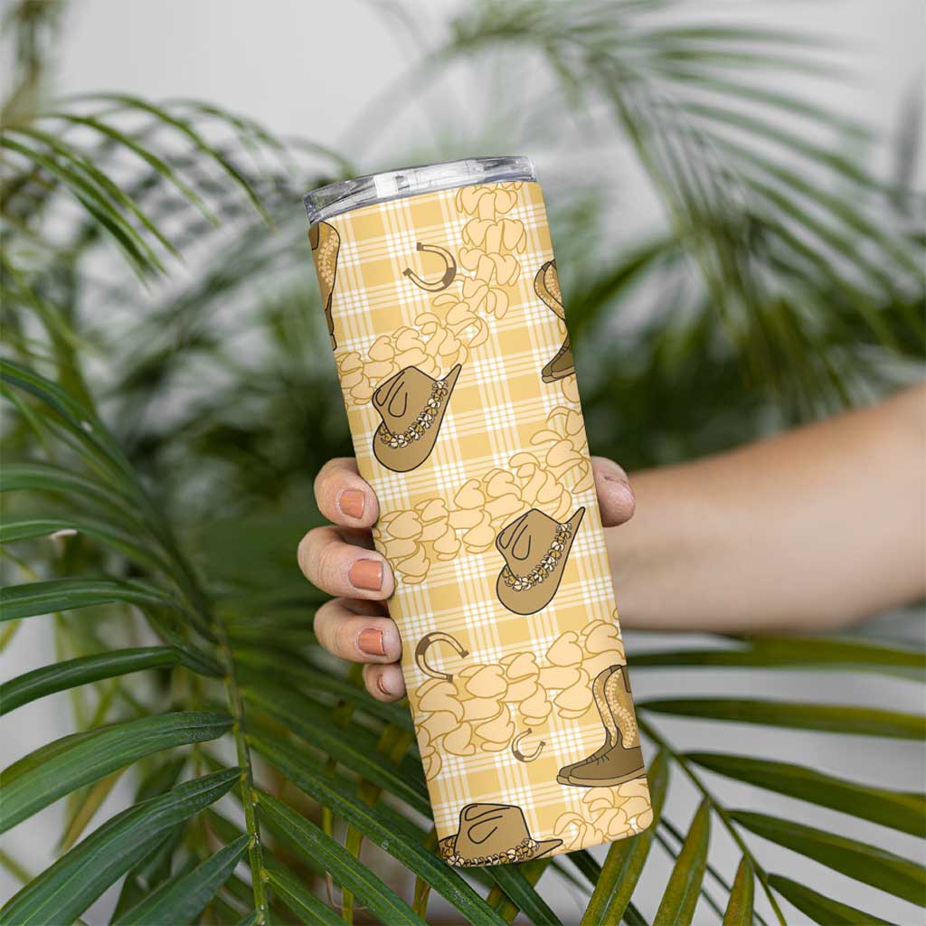 Yellow Palaka Hawaii Cowboy Skinny Tumbler Puakenikeni Lei Paniolo Papale Seamless Vibes - Polynesian Pride