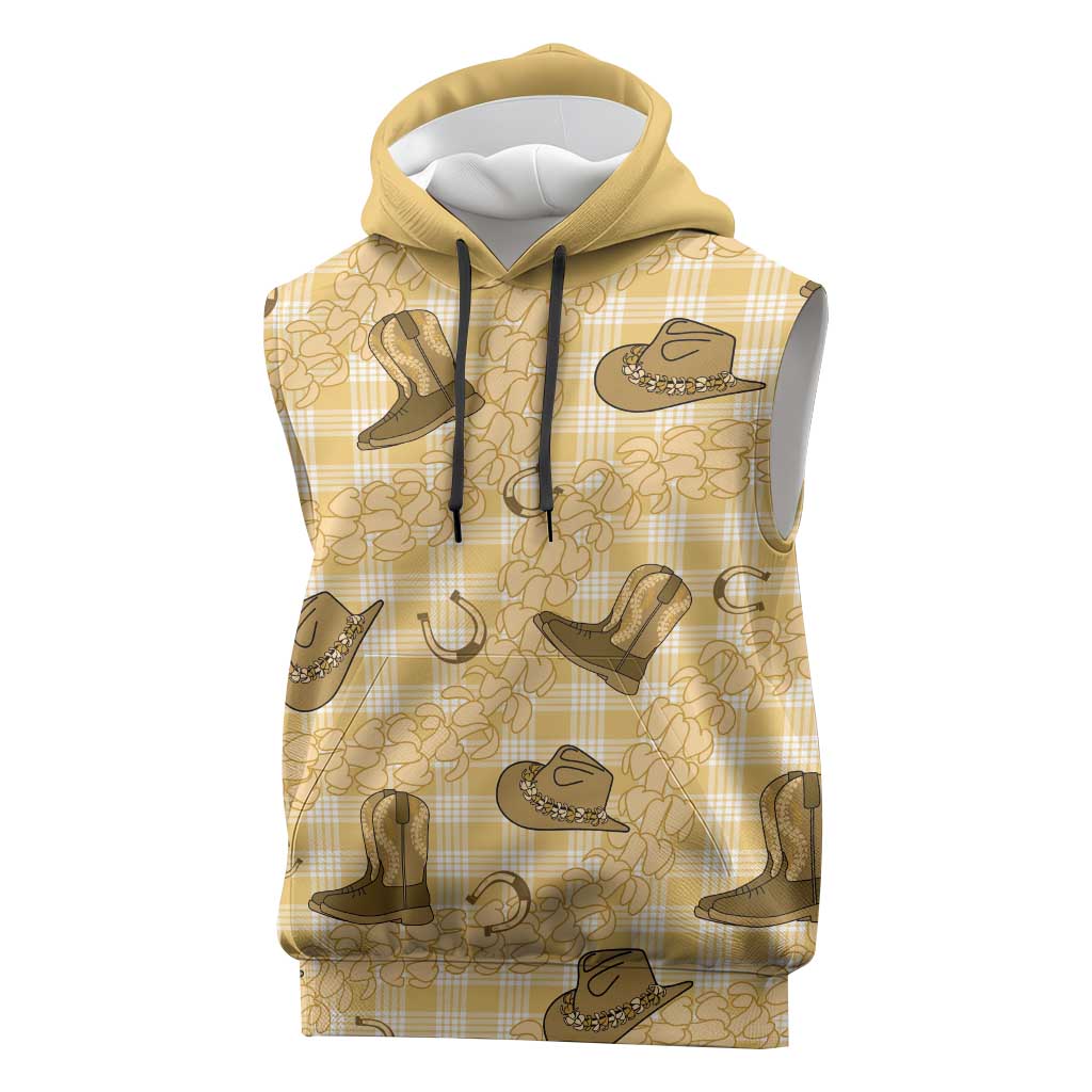 Yellow Palaka Hawaii Cowboy Sleeveless Hoodie Puakenikeni Lei Paniolo Papale Seamless Vibes - Polynesian Pride