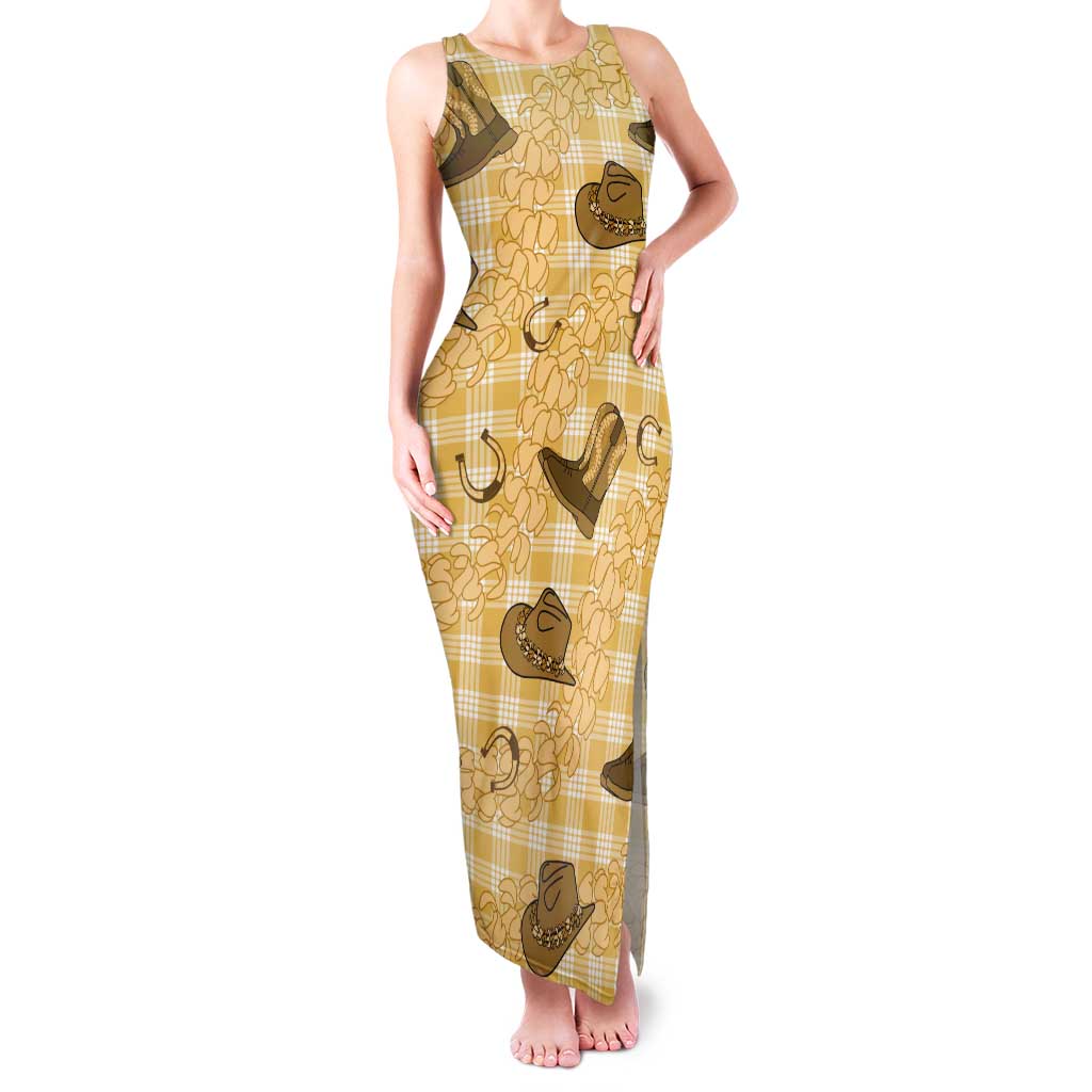Yellow Palaka Hawaii Cowboy Tank Maxi Dress Puakenikeni Lei Paniolo Papale Seamless Vibes - Polynesian Pride