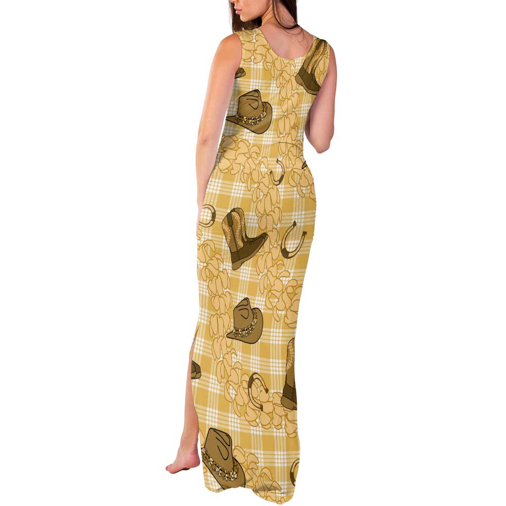 Yellow Palaka Hawaii Cowboy Tank Maxi Dress Puakenikeni Lei Paniolo Papale Seamless Vibes - Polynesian Pride