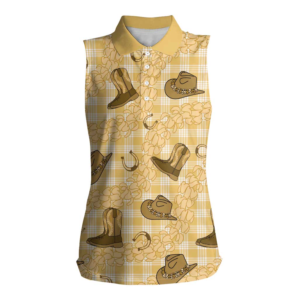 Yellow Palaka Hawaii Cowboy Women Sleeveless Polo Shirt Puakenikeni Lei Paniolo Papale Seamless Vibes - Polynesian Pride