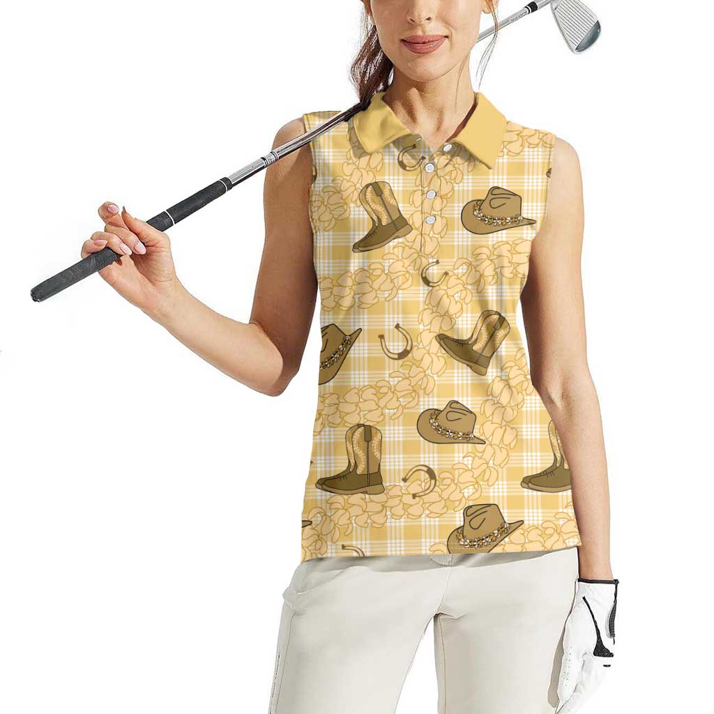 Yellow Palaka Hawaii Cowboy Women Sleeveless Polo Shirt Puakenikeni Lei Paniolo Papale Seamless Vibes - Polynesian Pride