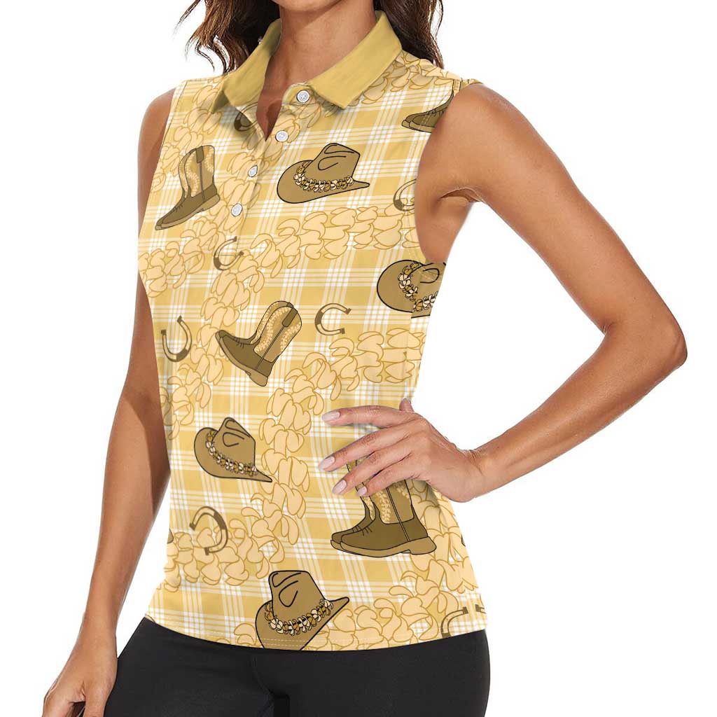 Yellow Palaka Hawaii Cowboy Women Sleeveless Polo Shirt Puakenikeni Lei Paniolo Papale Seamless Vibes - Polynesian Pride