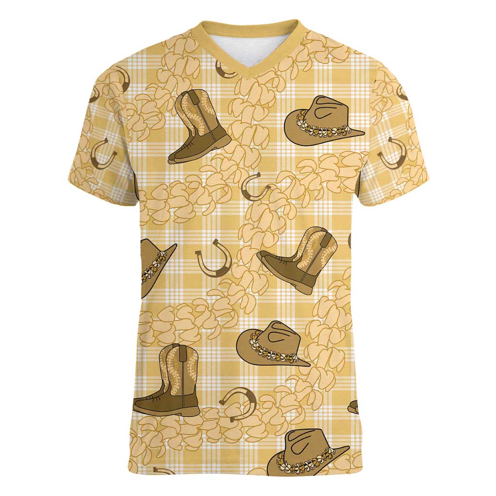 Yellow Palaka Hawaii Cowboy Women V-Neck T-Shirt Puakenikeni Lei Paniolo Papale Seamless Vibes LT14 Female Yellow - Polynesian Pride