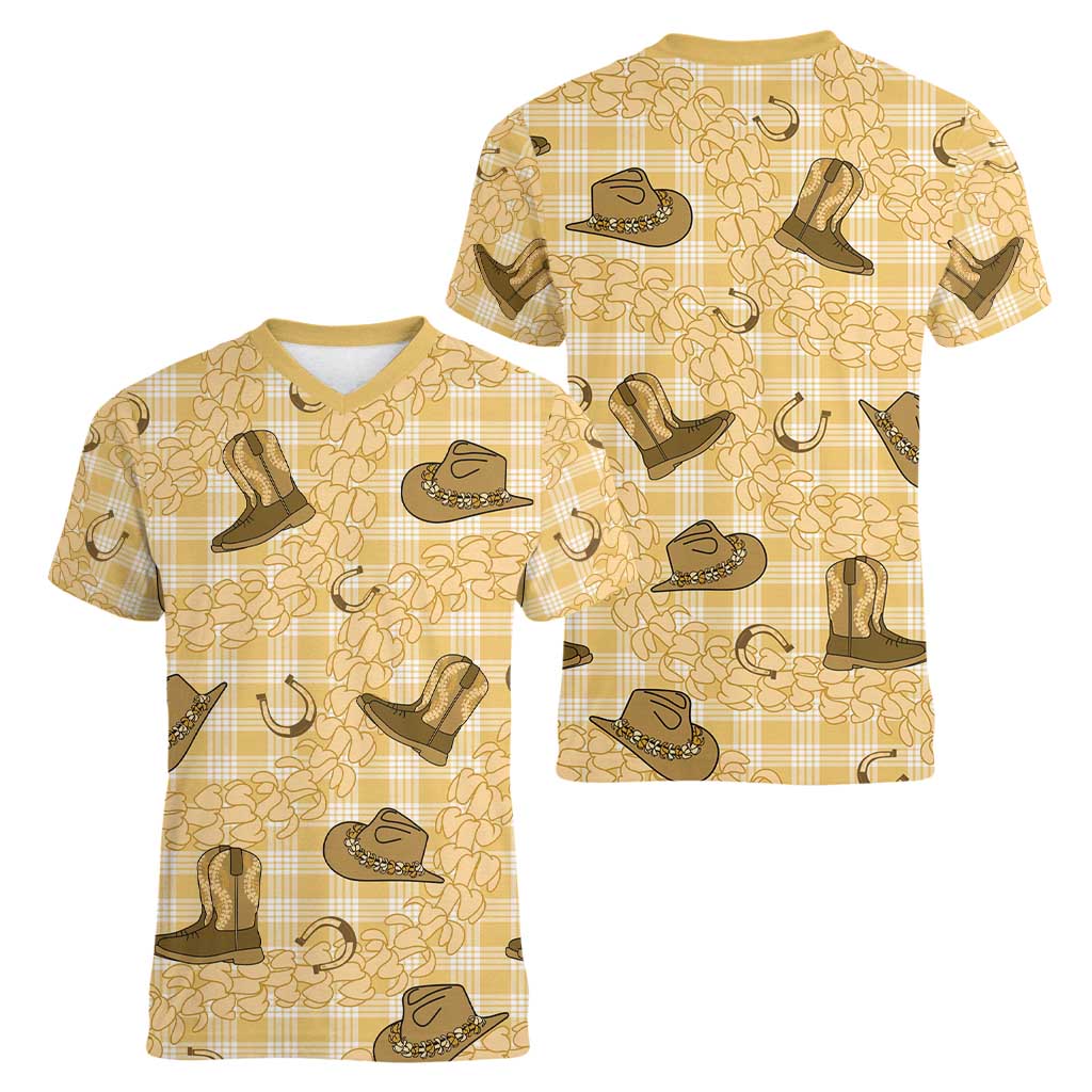 Yellow Palaka Hawaii Cowboy Women V-Neck T-Shirt Puakenikeni Lei Paniolo Papale Seamless Vibes LT14 - Polynesian Pride