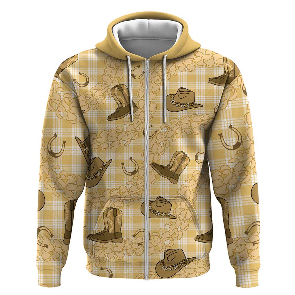 Yellow Palaka Hawaii Cowboy Zip Hoodie Puakenikeni Lei Paniolo Papale Seamless Vibes - Polynesian Pride
