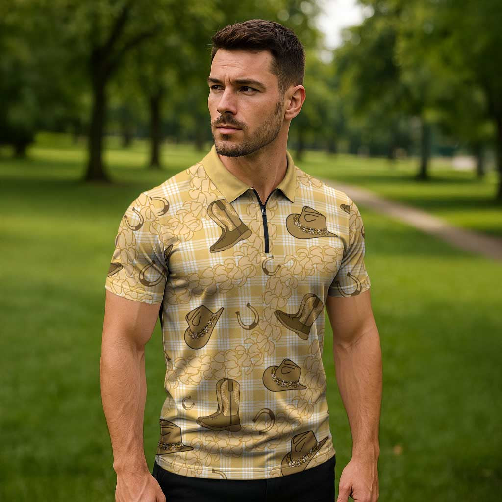 Yellow Palaka Hawaii Cowboy Zipper Polo Shirt Puakenikeni Lei Paniolo Papale Seamless Vibes - Polynesian Pride