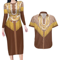 Aloha Hawaii Cowboy Custome Couples Matching Long Sleeve Bodycon Dress and Hawaiian Shirt Puakenikeni Lei Palaka Tassel Style LT14 Brown - Polynesian Pride