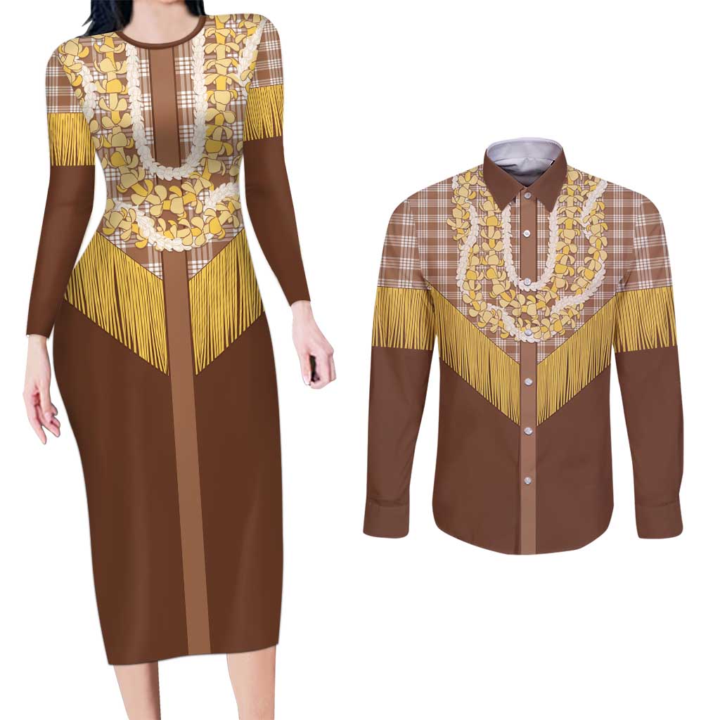 Aloha Hawaii Cowboy Custome Couples Matching Long Sleeve Bodycon Dress and Long Sleeve Button Shirt Puakenikeni Lei Palaka Tassel Style LT14 Brown - Polynesian Pride