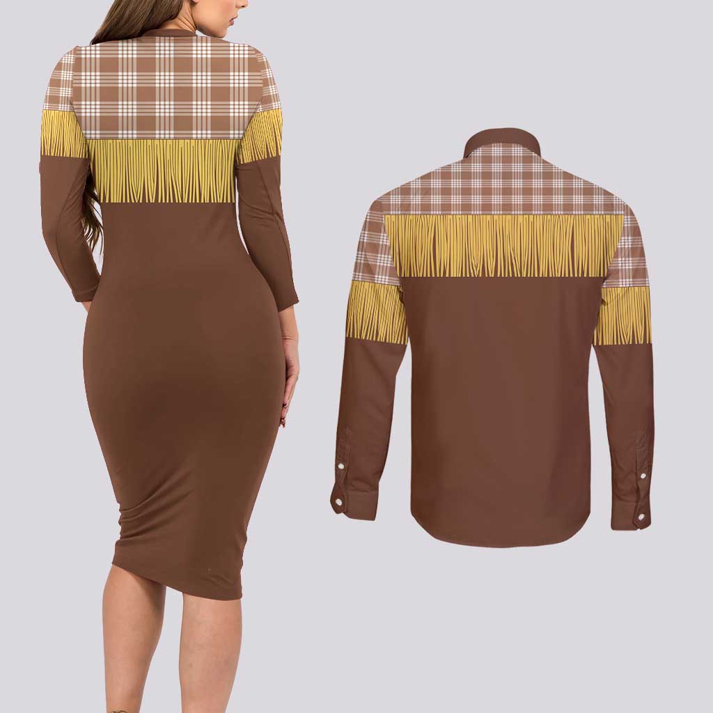 Aloha Hawaii Cowboy Custome Couples Matching Long Sleeve Bodycon Dress and Long Sleeve Button Shirt Puakenikeni Lei Palaka Tassel Style LT14 - Polynesian Pride