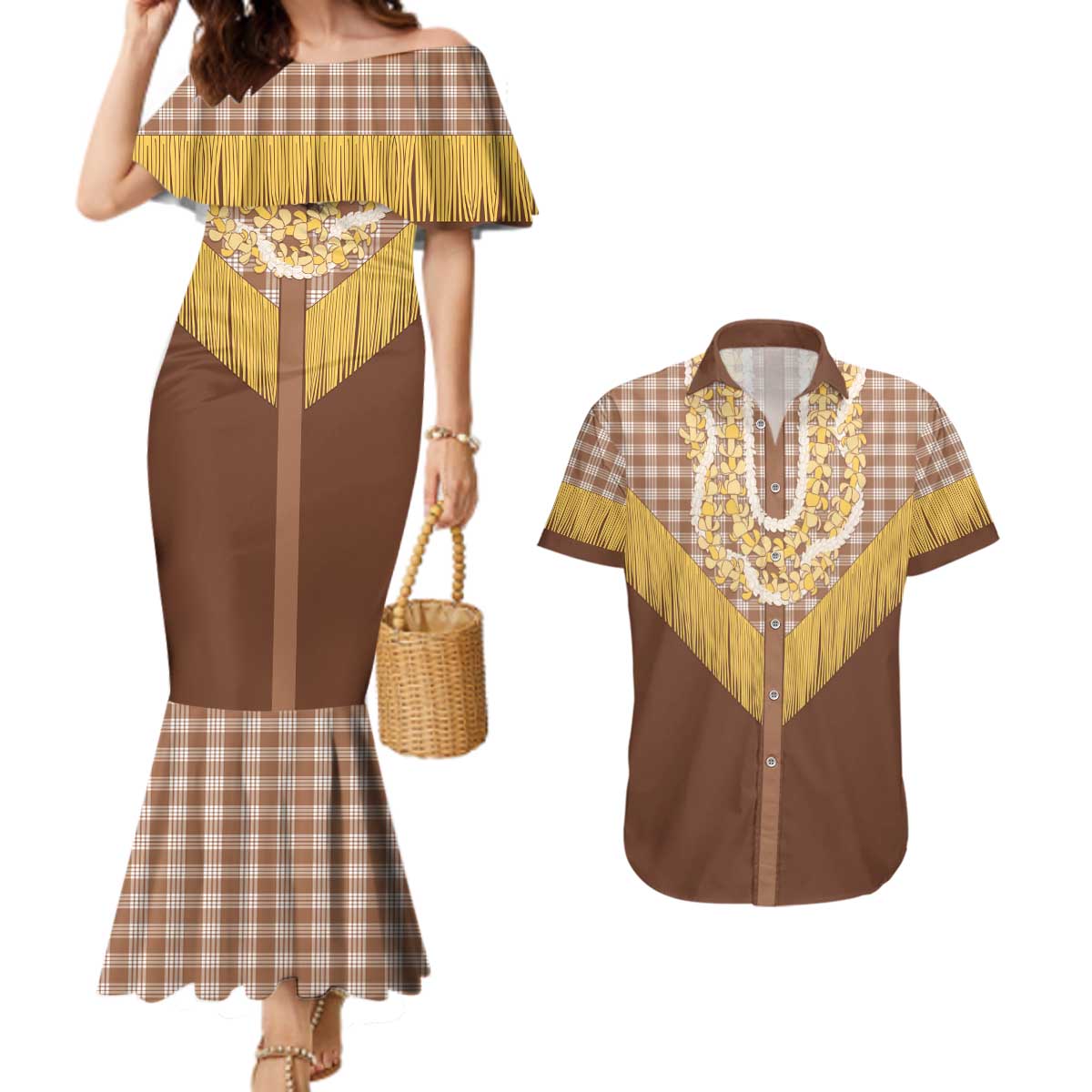 Aloha Hawaii Cowboy Custome Couples Matching Mermaid Dress and Hawaiian Shirt Puakenikeni Lei Palaka Tassel Style LT14 Brown - Polynesian Pride
