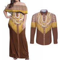 Aloha Hawaii Cowboy Custome Couples Matching Off Shoulder Maxi Dress and Long Sleeve Button Shirt Puakenikeni Lei Palaka Tassel Style - Polynesian Pride