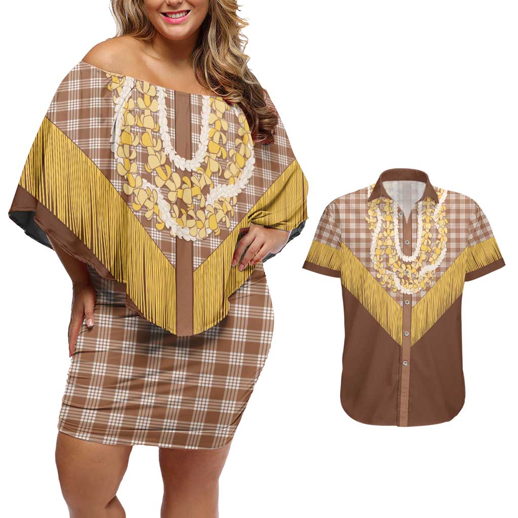 Aloha Hawaii Cowboy Custome Couples Matching Off Shoulder Short Dress and Hawaiian Shirt Puakenikeni Lei Palaka Tassel Style - Polynesian Pride