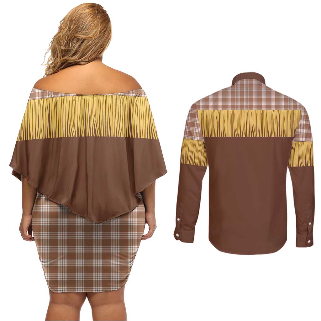 Aloha Hawaii Cowboy Custome Couples Matching Off Shoulder Short Dress and Long Sleeve Button Shirt Puakenikeni Lei Palaka Tassel Style - Polynesian Pride