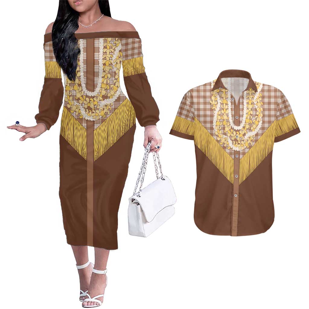 Aloha Hawaii Cowboy Custome Couples Matching Off The Shoulder Long Sleeve Dress and Hawaiian Shirt Puakenikeni Lei Palaka Tassel Style - Polynesian Pride