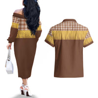 Aloha Hawaii Cowboy Custome Couples Matching Off The Shoulder Long Sleeve Dress and Hawaiian Shirt Puakenikeni Lei Palaka Tassel Style - Polynesian Pride