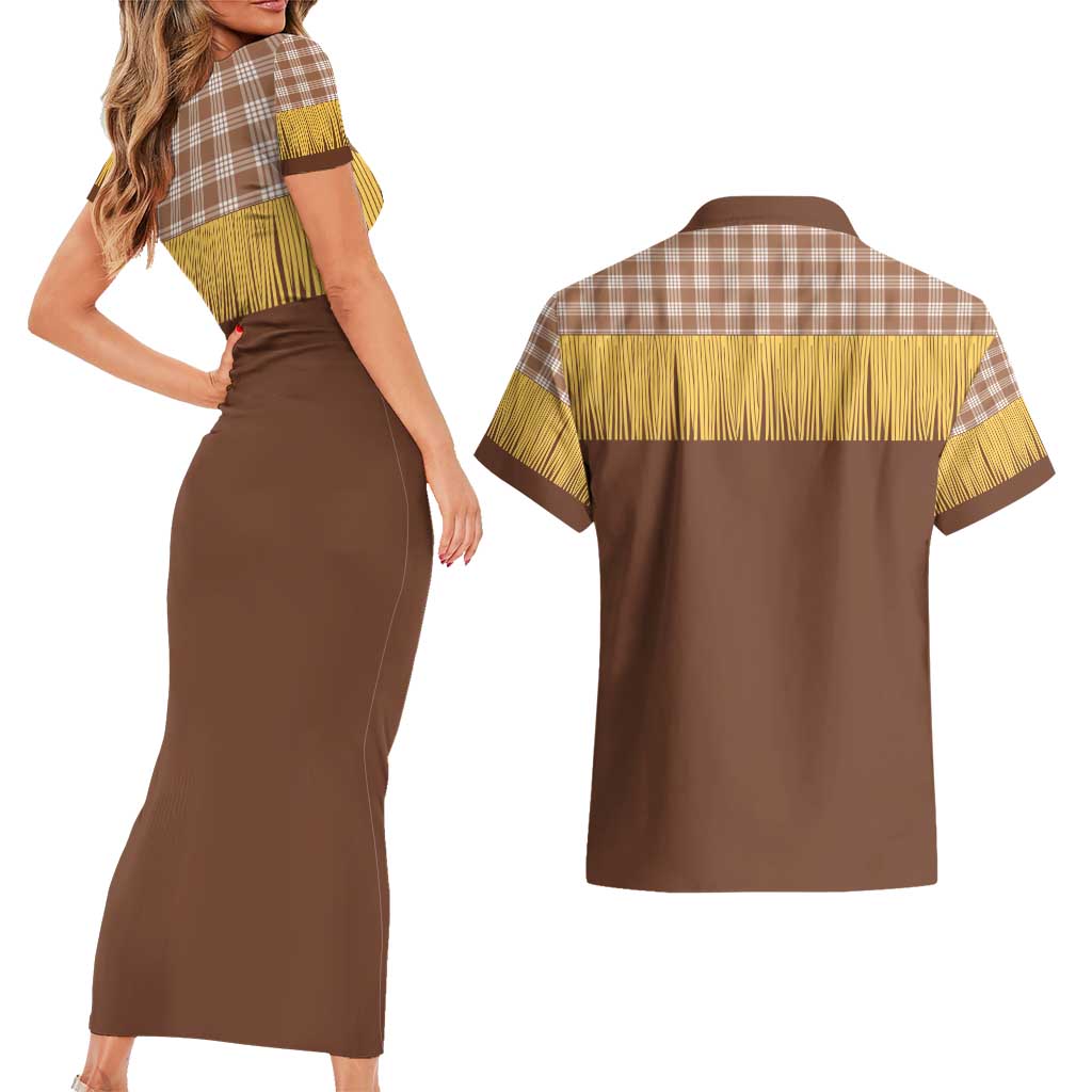 Aloha Hawaii Cowboy Custome Couples Matching Short Sleeve Bodycon Dress and Hawaiian Shirt Puakenikeni Lei Palaka Tassel Style LT14 - Polynesian Pride