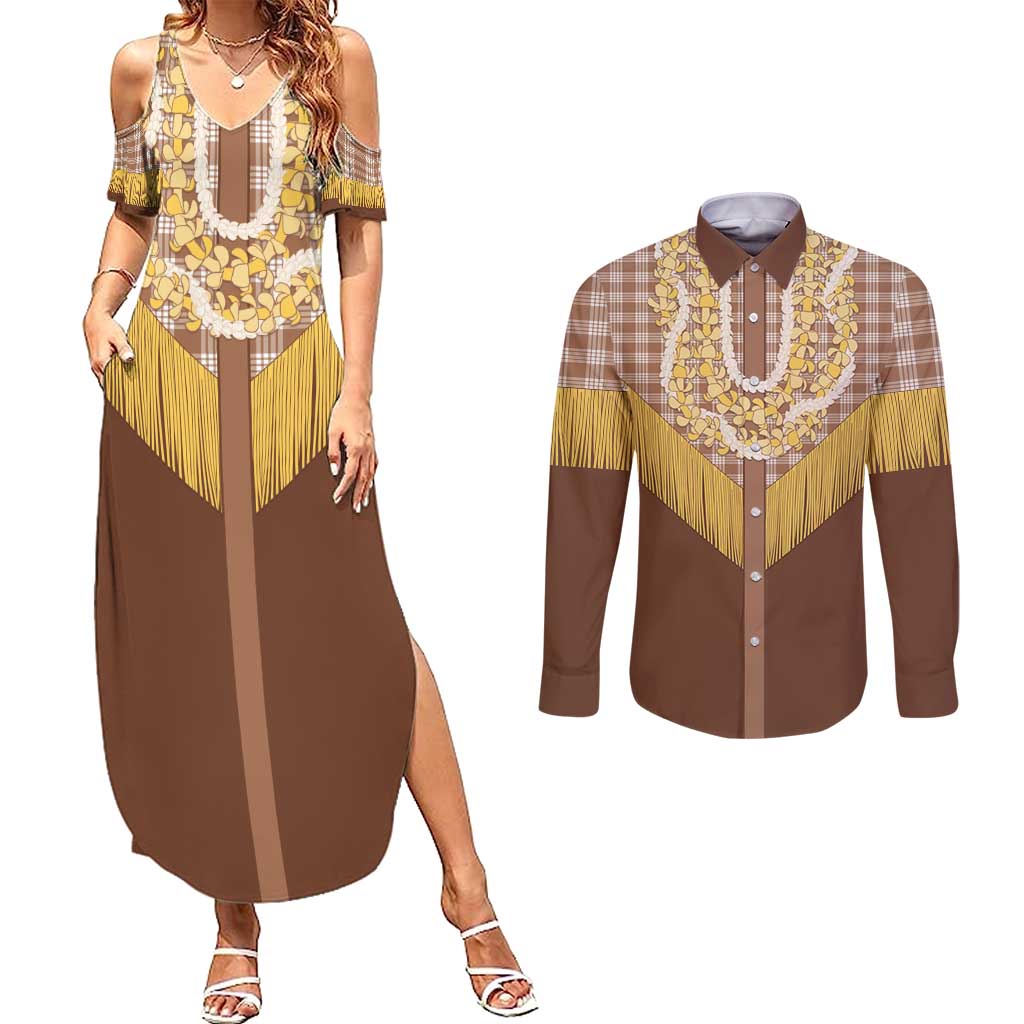 Aloha Hawaii Cowboy Custome Couples Matching Summer Maxi Dress and Long Sleeve Button Shirt Puakenikeni Lei Palaka Tassel Style LT14 Brown - Polynesian Pride