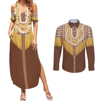 Aloha Hawaii Cowboy Custome Couples Matching Summer Maxi Dress and Long Sleeve Button Shirt Puakenikeni Lei Palaka Tassel Style LT14 Brown - Polynesian Pride