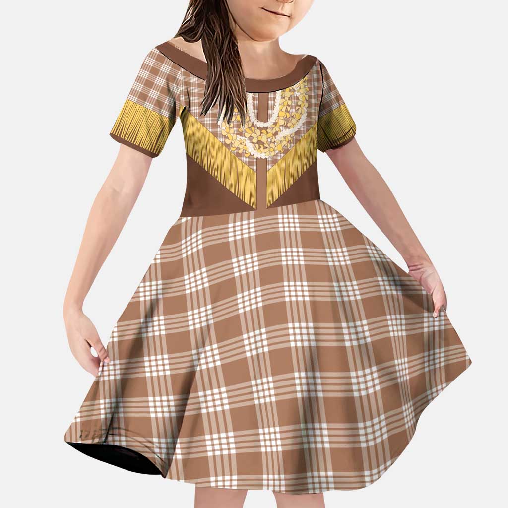 Aloha Hawaii Cowboy Custome Family Matching Puletasi and Hawaiian Shirt Puakenikeni Lei Palaka Tassel Style LT14 Daughter's Dress Brown - Polynesian Pride