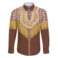 Aloha Hawaii Cowboy Custome Family Matching Puletasi and Hawaiian Shirt Puakenikeni Lei Palaka Tassel Style LT14 Dad's Shirt - Long Sleeve Brown - Polynesian Pride