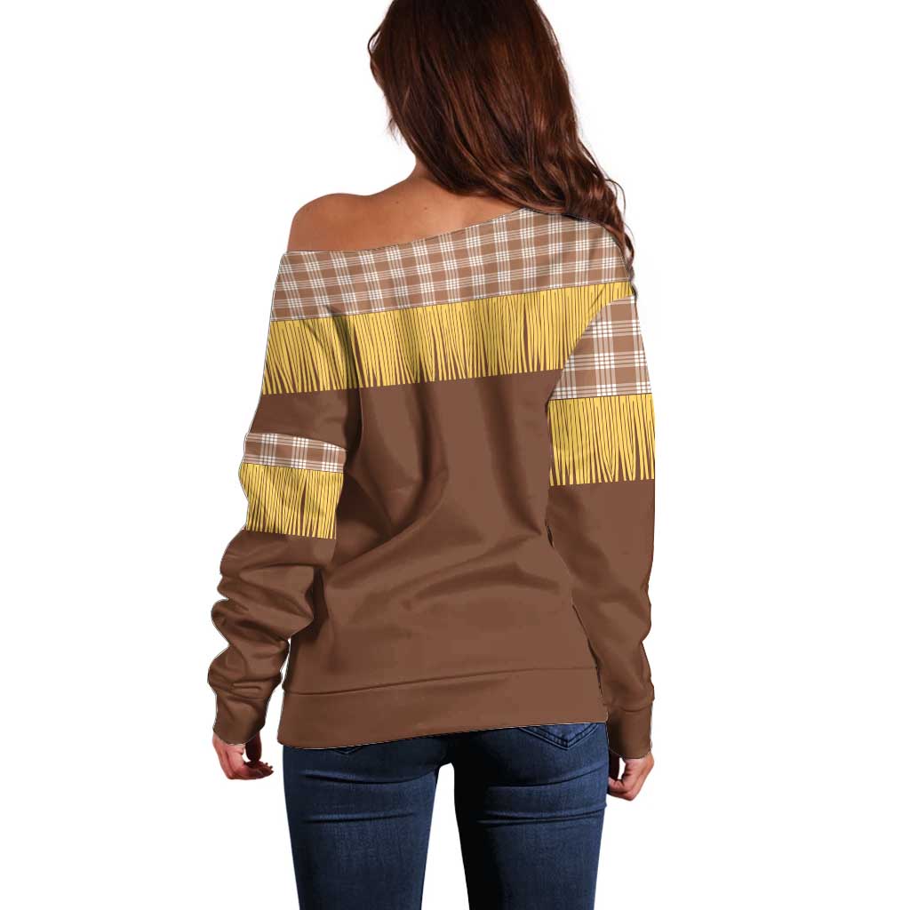 Aloha Hawaii Cowboy Custome Off Shoulder Sweater Puakenikeni Lei Palaka Tassel Style - Polynesian Pride