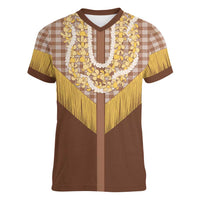 Aloha Hawaii Cowboy Custome Women V-Neck T-Shirt Puakenikeni Lei Palaka Tassel Style - Polynesian Pride