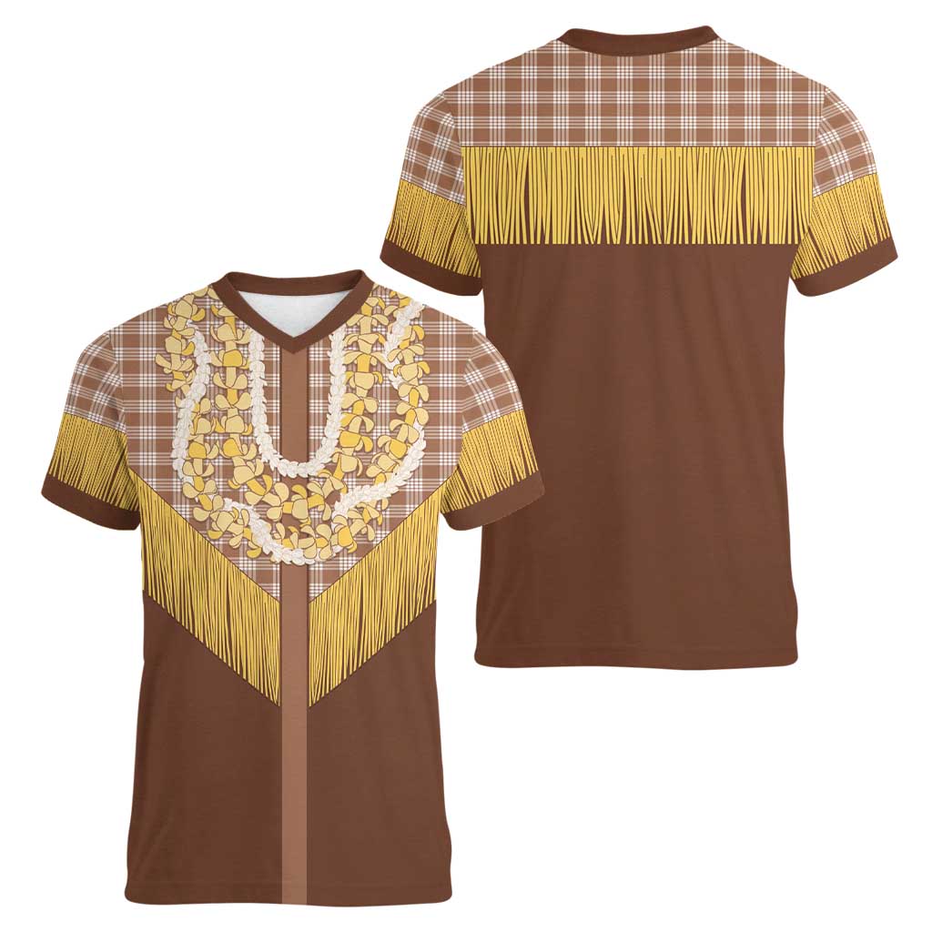 Aloha Hawaii Cowboy Custome Women V-Neck T-Shirt Puakenikeni Lei Palaka Tassel Style - Polynesian Pride