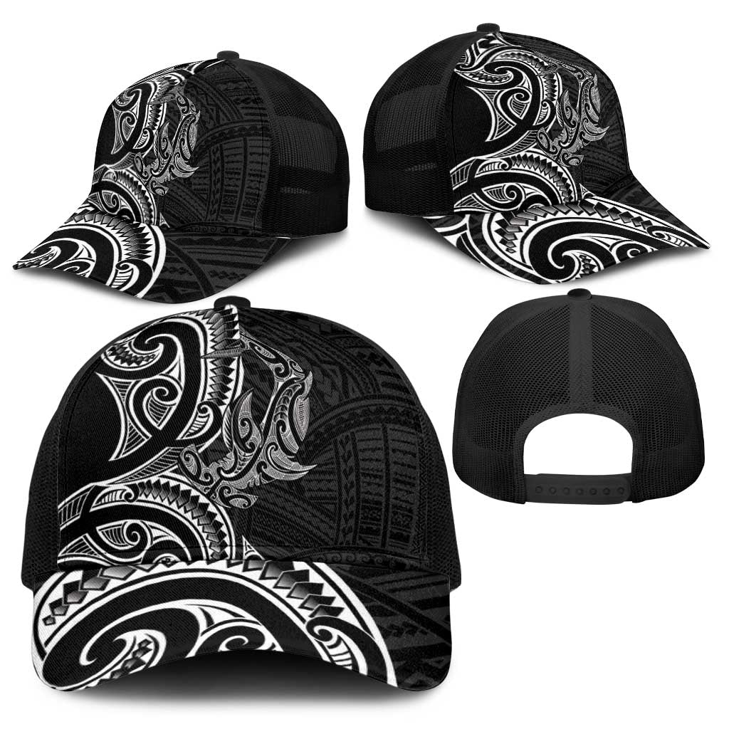 New Zealand Hammerhead Shark Baseball Net Cap Maori Haehae Mangopare Black - Polynesian Pride