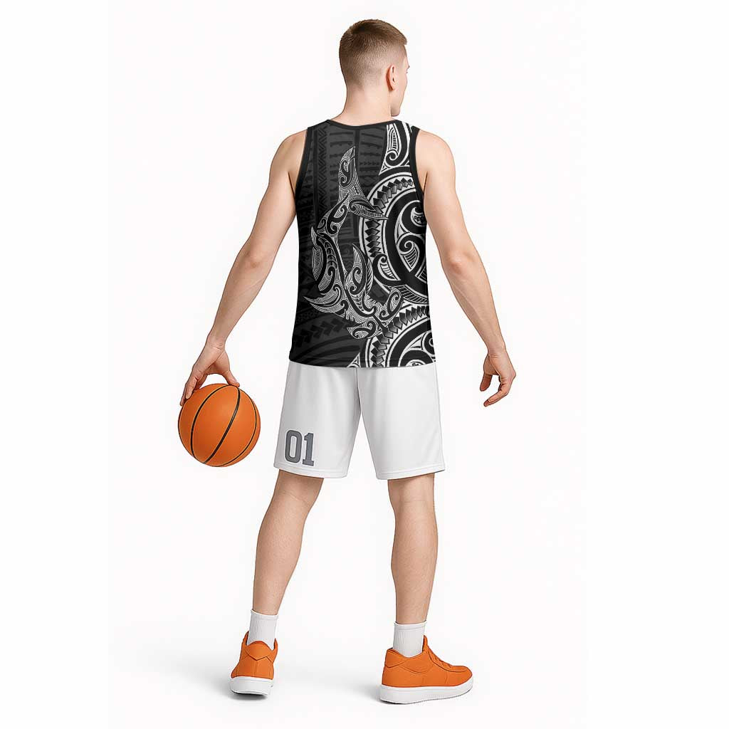New Zealand Hammerhead Shark Basketball Jersey Maori Haehae Mangopare Black - Polynesian Pride
