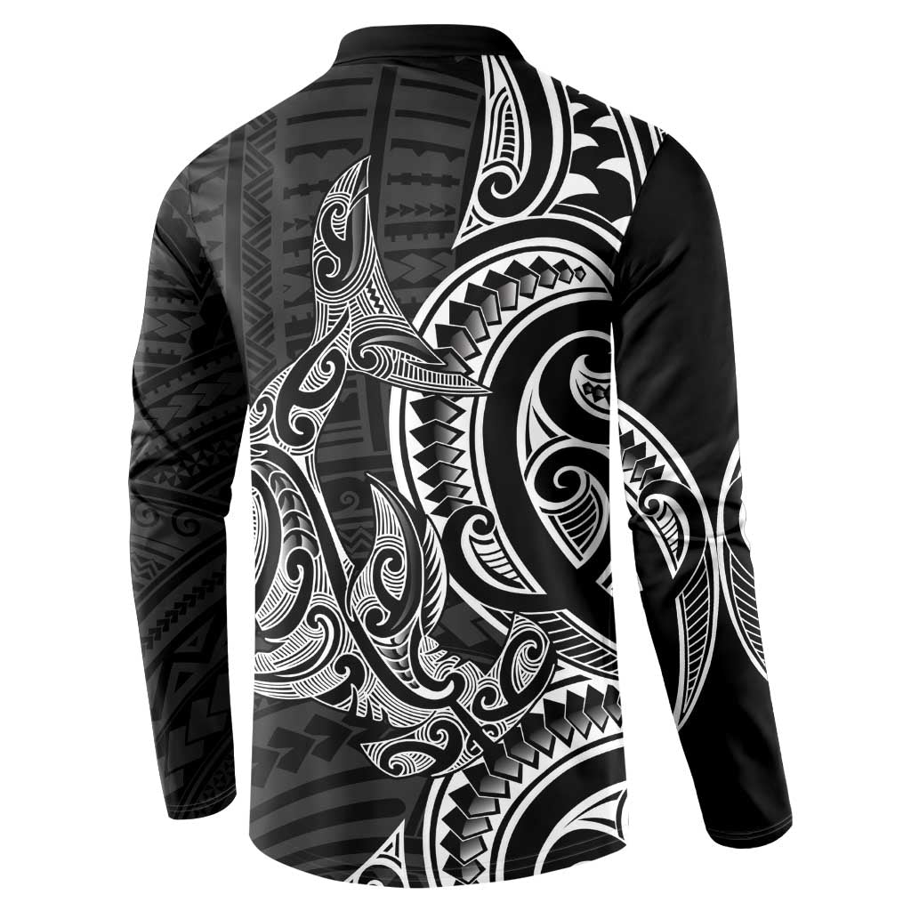 New Zealand Hammerhead Shark Button Sweatshirt Maori Haehae Mangopare Black - Polynesian Pride
